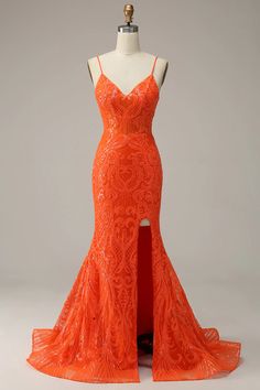 Long Ball Dresses, Orange Prom Dress, Orange Mermaid, Noodle Strap, Sophisticated Dress, Split Dress, Mermaid Prom Dresses, Long Prom Dress, Mermaid Dresses