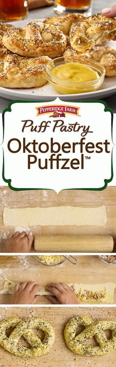 an advertisement for puff pastry and other pastries on a wooden cutting board with the title puff pastry oktoberfest puffzel