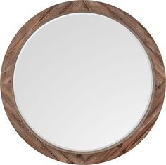 the round mirror is made out of wood and has a white glass in it's center