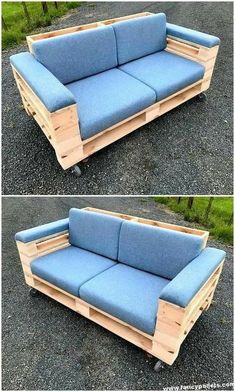 two pictures of a couch made out of wooden pallets and some blue upholstered material