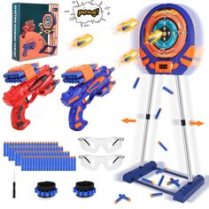 an assortment of toys including a nerfet and sunglasses, with instructions for how to use them