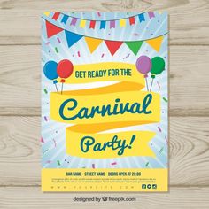 a carnival party flyer with balloons and streamers