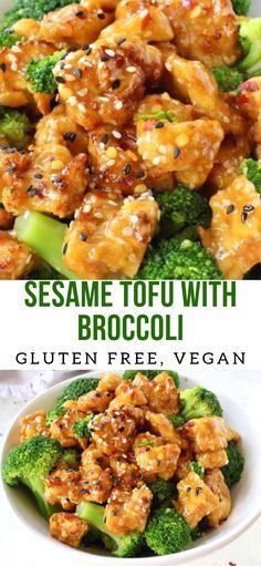 sesame tofu with broccoli and chicken in a white bowl on a table