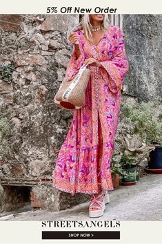 Fashion Bell Sleeve Printed Bohemian Vacation Sexy Loose Maxi Dress Pink V-neck Boho Dress For Beach Cover-up, Pink V-neck Bohemian Dress, Pink Bohemian V-neck Maxi Dress, Pink Boho Print Maxi Dress For Beach Season, Pink V-neck Boho Dress For Beach, Pink Boho Print Maxi Dress For Beach, Pink Printed Boho Beach Dress, Pink Printed Boho Dress For Beach, Beach Boho Pink Printed Dress