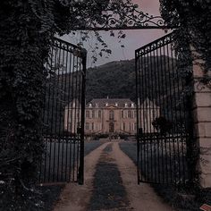 an open gate leading to a large building