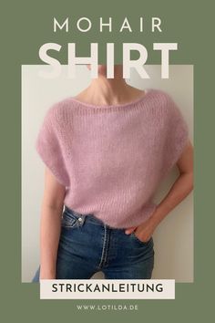 a woman wearing a pink sweater and jeans with the words mohair shirt on it