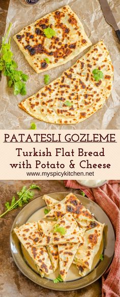 flat bread with potato and cheese on a plate