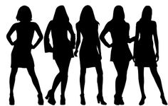 the silhouettes of four women standing in different poses, all wearing short skirts and high heels