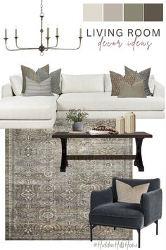 Living room decor mood board with a cream sectional sofa and blue pen accent chair. The rug features brown and olive tones with hints of blue Brown And Sage Living Room, Taupe Sofa Living Room Color Palettes, Grey Chairs Living Room, Living Room With Grey Flooring, Living Room Decor With Sectional, Decor With Grey Couch, Light Gray Couch Living Room Ideas, Earth Tone House, Loloi Rugs Living Rooms