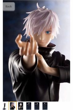 a male anime character with white hair and blue eyes is holding his hand out in the air