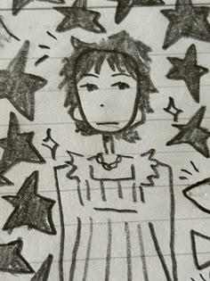 a drawing of a girl surrounded by stars on lined notebook paper with black marker markers