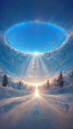 the sun shines through an opening in the sky above snow covered trees and ground