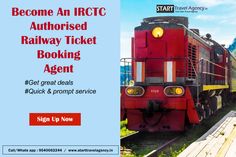 a red and black train traveling down tracks next to a platform with the words become an irtc authorized railway ticket booking agent