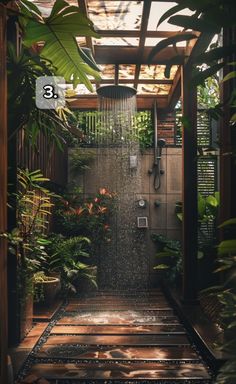 an outdoor shower surrounded by greenery and wooden flooring is featured in this photo