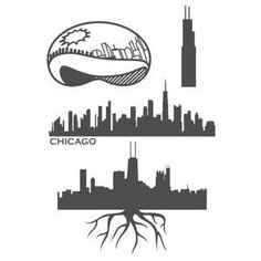 chicago and new york city skyline silhouettes with roots in the foreground, black and white