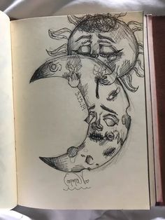 an open book with a drawing of a person on the moon and words above it