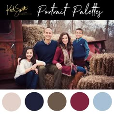 a family sitting on hay bales with their arms around each other