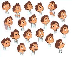 the many faces of a man with brown hair and beards, in various poses