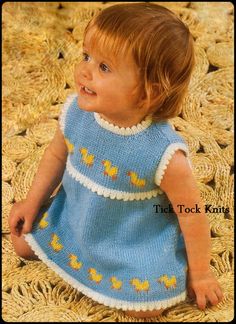 Vintage knitting pattern PDF to make a baby / toddler Rubber Duckie Dress. The rubber duckies are duplicate stitched on at the end, so no knowledge of fair isle is needed to make this sweet little dress. Picot trim in contrasting color is worked around neck, armholes, hem and around chest. Knit in DK weight yarn at a gauge of 5 1/2 sts & 8 rows = 1" in St st.Pattern includes instructions for three sizes:  12 - 18 months; 24 months; 2 - 3 yearsFor babies / toddlers with chest measurements of: Knit Baby Dress, Girls Sundress, Haken Baby, Vintage Knitting Patterns, Pdf Knitting Pattern, Knitted Dress, Dk Yarn, Knitting Girls, Knitting For Kids