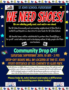 a flyer for st john school fundraisers with the message we need shoes on it