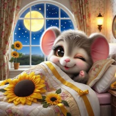 a mouse laying on top of a bed next to a window with sunflowers