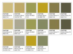 the pantone color chart is shown in shades of green, yellow and brown with different colors