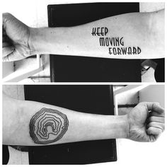 two images show the same arm and wrist with different words on it, one has a finger print that says keep moving forward