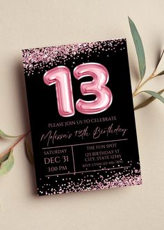 a black and pink 13th birthday party card with confetti on the front, number thirteen