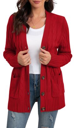 PRICES MAY VARY. US SIZE:Small=(US 4-6),Medium=(US 8-10),Large=(US 12-14),X-Large=(US 16-18),XX-Large=(US 20-22) Features : knit cardigan sweater for women,winter chunky cardigan sweater,maternity sweater cardigan,long sleeve,elastic ribbed cuffs,cable knit detailed,open front,button closure design,below hip length,ribbed hem,basic,boyfriend cardigan sweater,loose,Stylish. Occasion:casual,party,home,office,dating,shopping,vacation,school,walking,picnic,These button cardigans will be a must-have for your autumn and winter wardrobe! They are very warm,and have a casual-chic design features.Practical and elegant. Their loose and simple style, any T-shirt or vest of yours can be their best partner, and you will get a lot of compliments. Garment Care: Machine wash recommended with a laundry bag Cheap Red Cozy Outerwear, Chunky Sweater Cardigan, Winter Outwear, Button Down Cardigan, Chunky Cardigan, Chunky Knit Cardigan, Maternity Sweater, Loose Knit, Button Cardigan