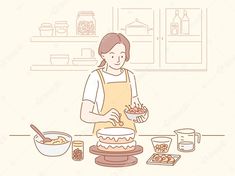 a woman in an apron is preparing food on the kitchen counter, she is making a cake