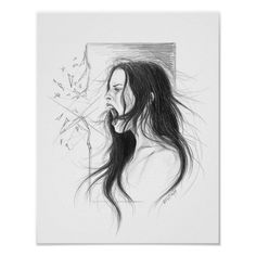 a drawing of a woman with long hair blowing her hair in front of a mirror