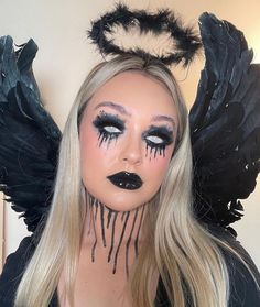 White Contacts Halloween Costumes, Halloween Makeup With White Contacts, Black Angles Halloween Makeup, Evil Angel Makeup, Dark Angel Makeup Ideas, Fallen Angel Make Up Halloween, Dead Angel Makeup, Bad Angel Makeup, Dark Angel Costume Ideas