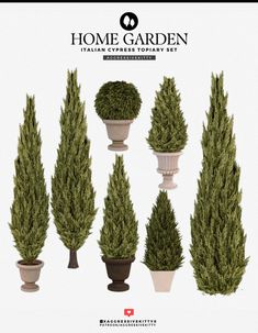 several potted plants are shown in different sizes and shapes, with the words home garden above them