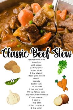 a recipe for beef stew in a pot with the words basic beef stew on it