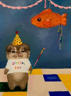 a painting of a cat wearing a birthday hat and holding a fishing rod with a fish on it