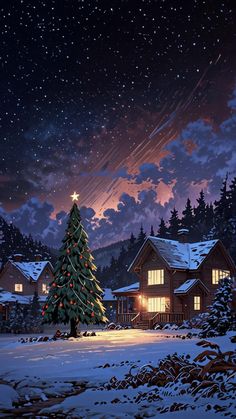 a christmas tree is lit up in front of a snowy landscape with houses and trees