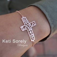 "This meaningful cross bracelet will spell out your desired names with striking details. order your kids names, couples or family member names. Create life time jewelry heirloom for you or your loved one! Bracelet can be made kid's or adult sizes. Designs by Keti Sorely. Metal: * Sterling Silver. * Sterling Silver. with 24K Yellow Gold Overlay * Sterling Silver. with 14K Rose Gold Overlay ---Solid Yellow Gold--- * 10K solid Yellow Gold * 14K solid Yellow Gold * 18K solid Yellow Gold ---Solid Ros Silver Cross Bracelet, Sterling Silver Name Necklace, Medical Bracelet, Personalized Cross, Kids Names, Christian Jewelry, Cross Bracelet, Rose Yellow, Name Bracelet