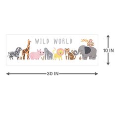 a wall with animals on it and the words wild world written in white, surrounded by an arrow