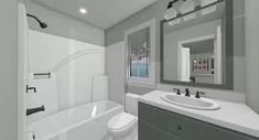 a bathroom with a sink, toilet and bathtub is shown in this 3d image