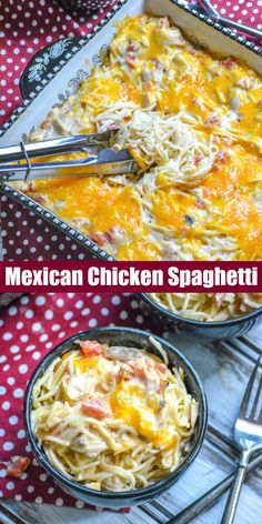 mexican chicken spaghetti in a casserole dish before and after it has been cooked