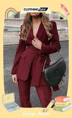 Fashion Elegant Solid Patchwork with Belt Turndown Collar Long Sleeve Two Pieces 2 Piece Outfits For Women, Casual Suit Jacket, Pants With Belt, Open Front Blazer, Fashion Elegant, Turndown Collar, Business Suit, Daily Dress, Two Piece Outfit