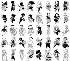 various cartoon characters are shown in black and white