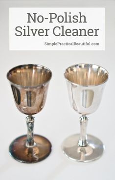 two silver goblets sitting side by side with the words no polish silver cleaner