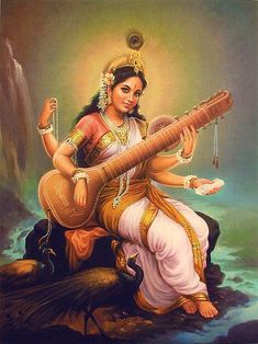 a painting of a woman playing the sita on top of a hill with her guitar