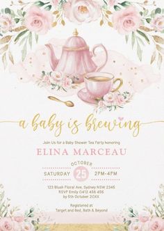 a baby is brewing tea party with pink flowers and gold trimmings on the front