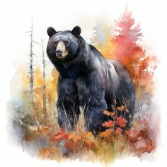 a painting of a black bear standing in the middle of some trees and grass with fall foliage around it