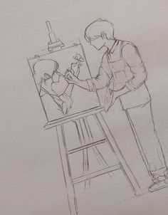 a drawing of a man standing in front of a easel with a painting on it