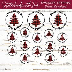 red and black plaid christmas tree stickers with the words stencil in it