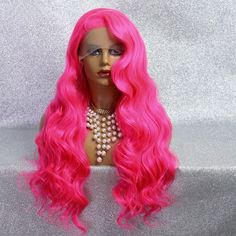 Long Wave Rose Pink Lace Front Wig Glueless Heat Safe Synthetic Wigs Drag Queen Pink Lace Front Wig, Pink Lace Front, Blow Dryers, Wig Care, Curling Irons, Pink Wig, Hair Color Pink, Colored Wigs, Body Wave Wig