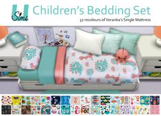 the children's bedding set is shown in various colors